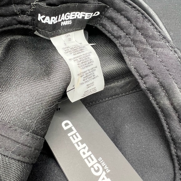 NWT Karl Lagerfeld Paris Hat Black Faux Leather Multiple Signature Embellishment - Picture 3 of 3